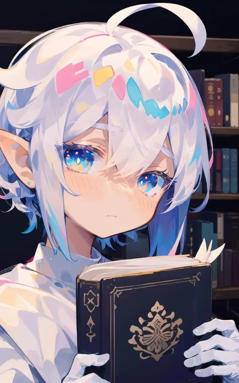 masterpiece, (best quality:1.2), high resolution illustration, coloful, intricate details, cinematic light, rim lighting, spot lighting, cowboy shot, indoors, in library, (beautiful and clear background:1.2), detailed background, 
1girl, dark elf, solo, (finely detailed face and beautiful eyes), (pretty face:1.2), (gradient hair:1.2), silver hair, (pink hair:1.2), ahoge, short hair, pointy_ears, bangs, 
blush, closed mouth, holding book, open book, 
white gloves, see-through, 

<lora:uenomigi-loha-000005:1>