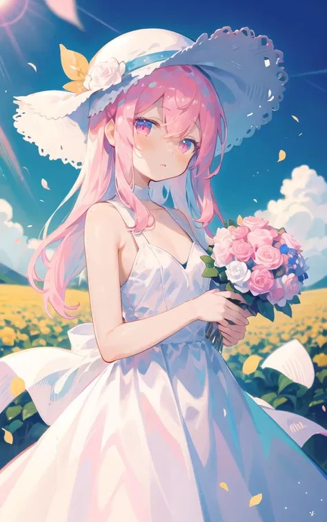 ((masterpiece, best quality)), 1girl, flower, solo, dress, holding, sky, cloud, hat, outdoors, bangs, bouquet, rose, expressionless, blush, pink hair, flower field, red flower, pink eyes, white dress, looking at viewer, midium hair, holding flower, small breasts, red rose, holding bouquet, sun hat, white headwear, depth of field, 


<lora:uenomigi-loha-000003:1>