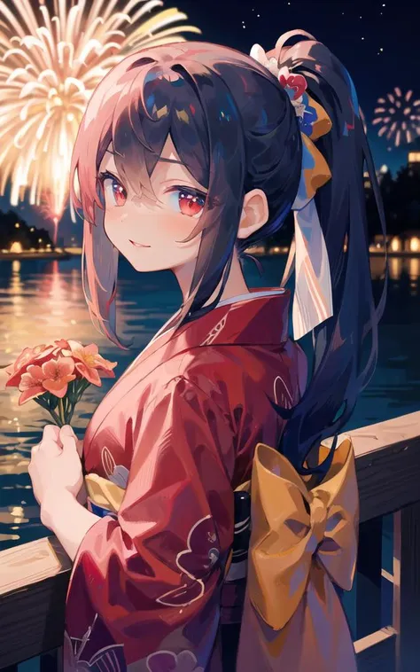 masterpiece,best quality,

1girl,black hair, long hair,ponytail, nape,red eyes, light smile, looking at viewer,holding bouquet, lily \(flower\),

red kimono,

(fireworks),(aerial fireworks),firework background,(night),shrine,lake, light reflection \(water\),

<lora:uenomigi-loha-000003:1>