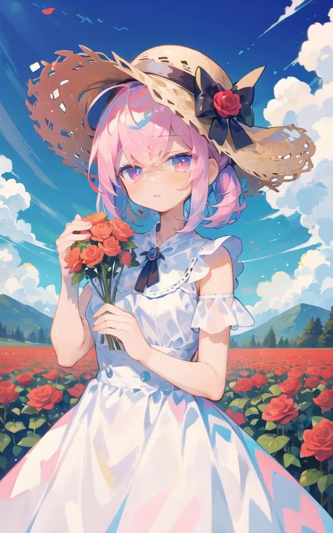 ((masterpiece, best quality)), 1girl, flower, solo, dress, holding, sky, cloud, hat, outdoors, bangs, bouquet, rose, expressionless, blush, pink hair, flower field, red flower, pink eyes, white dress, looking at viewer, midium hair, holding flower, small breasts, red rose, holding bouquet, sun hat, white headwear, depth of field, 


<lora:uenomigi-loha-000005:1>