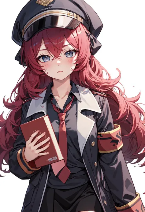 best quality, masterpiece, highres, solo, (iroha_bluearchive:1.10), 1girl, armband, jacket, long sleeves, red necktie, black shirt, blush, holding book, looking at viewer, military uniform, collared shirt, open clothes, safety pin, simple background, white background, black skirt, closed mouth, 3 <lora:iroha_bluearchive:0.80>