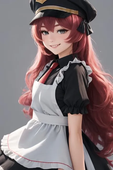 best quality, masterpiece, highres, 1girl, solo, {iroha_bluearchive:1.15}, long_hair, red_hair, halo, bangs, blush, hat, hair_between_eyes, peaked_cap, black_headwear, grey_eyes, military_hat, necktie, red_necktie, smile, very_long_hair, alternate_costume, apron, dress, enmaided, looking_at_viewer, maid, maid_headdress, puffy_sleeves, frills, ribbon, white_apron, black_dress, frilled_apron, maid_apron, neck_ribbon, red_ribbon, simple_background, hand_on_hip, puffy_short_sleeves, short_sleeves