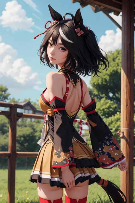 masterpiece, best quality,  hands on ass, <lora:umamusume_kitasanblack-10:.9> kitasanblack, ahoge, hair ornament, horse ears, horse tail, cleavage cutout, detached sleeves, skirt, black thighhighs, bare shoulders