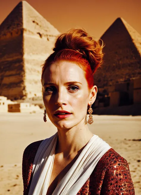 portrait of ((sks woman)) by Flora Borsi in egypt, pyramids in the background style by Flora Borsi, bold, bright colours, Mohawk haircut, ((Flora Borsi)) <lora:locon_jessicachastain_v1_from_v1_64_32:1> by Annie Leibovitz