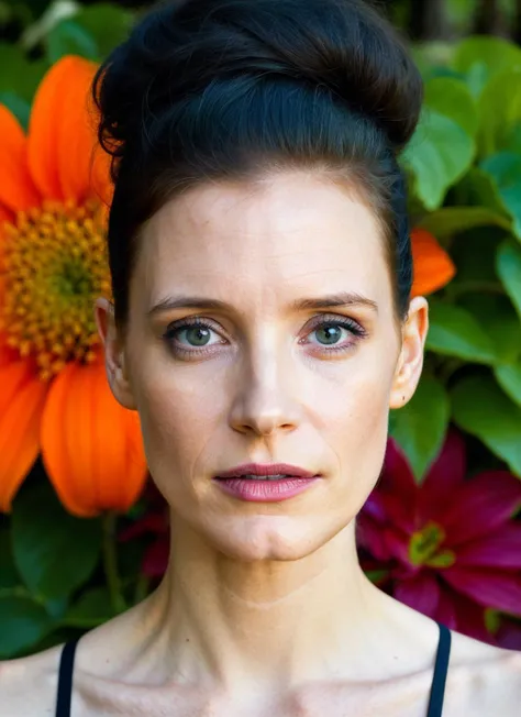 portrait of ((sks woman)) by Flora Borsi in babylon, hanging gardens style by Flora Borsi, bold, bright colours, Mohawk haircut, ((Flora Borsi))  <lora:locon_jessicachastain_v1_from_v1_64_32:1> by Imogen Cunningham