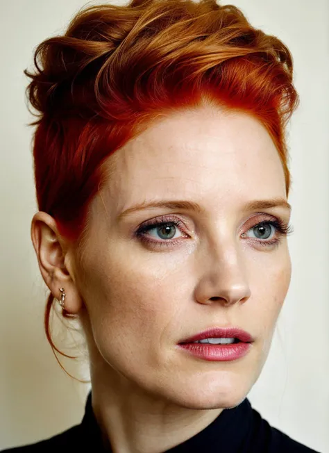 portrait of ((sks woman)) by Flora Borsi in babylon, hanging gardens style by Flora Borsi, bold, bright colours, Mohawk haircut, ((Flora Borsi))  <lora:locon_jessicachastain_v1_from_v1_64_32:1> by Gerda Taro