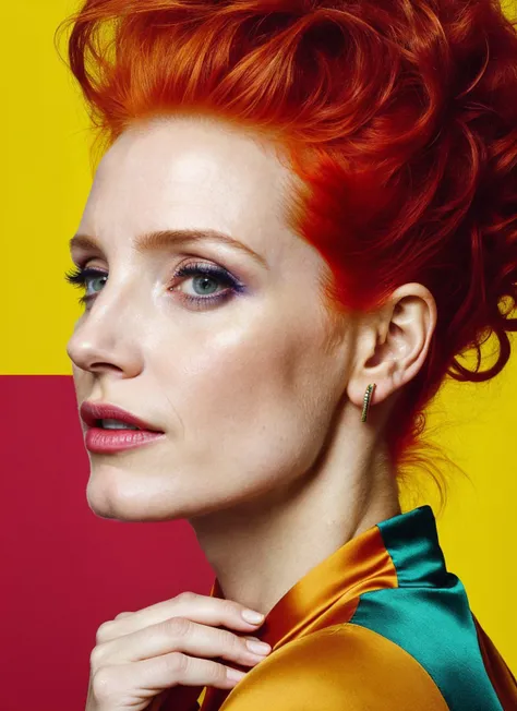 portrait of ((sks woman)) by Flora Borsi in babylon, hanging gardens style by Flora Borsi, bold, bright colours, Mohawk haircut, ((Flora Borsi))  <lora:locon_jessicachastain_v1_from_v1_64_32:1> by Andreas Gursky