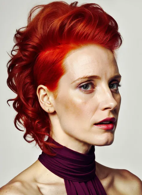 portrait of ((sks woman)) by Flora Borsi in athens, at the parthenon style by Flora Borsi, bold, bright colours, Mohawk haircut, ((Flora Borsi)) <lora:locon_jessicachastain_v1_from_v1_64_32:1> by Dominique Issermann