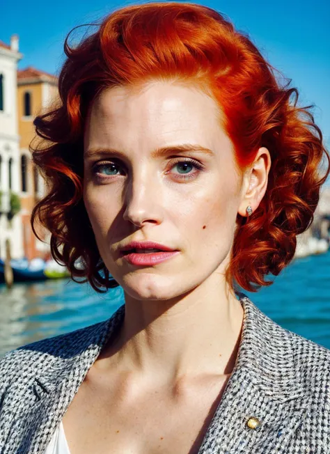 portrait of ((sks woman)) by Flora Borsi in venice, at the river, style by Flora Borsi, bold, bright colours, Mohawk haircut, ((Flora Borsi)) <lora:locon_jessicachastain_v1_from_v1_64_32:1> by Dominique Issermann