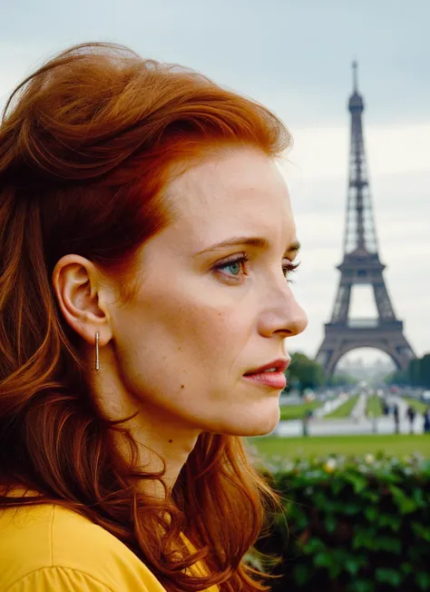 portrait of ((sks woman)) by Flora Borsi in paris, eiffel tower in the background style by Flora Borsi, bold, bright colours, Mohawk haircut, ((Flora Borsi)) <lora:locon_jessicachastain_v1_from_v1_64_32:1> by Imogen Cunningham