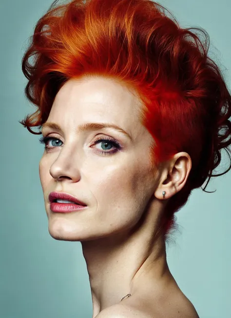 portrait of ((sks woman)) by Flora Borsi in china, tiananmen square style by Flora Borsi, bold, bright colours, Mohawk haircut, ((Flora Borsi)) <lora:locon_jessicachastain_v1_from_v1_64_32:1> by Henri Cartier-Bresson