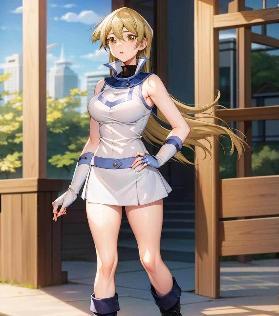 tenjouin asuka,1girl,solo,blonde hair, long hair, brown eyes,large breasts,obuniform,sleeveless, bare shoulders, elbow gloves, white gloves, fingerless gloves, white skirt, white jacket, white footwear, boots, miniskirt,standing, outdoors, indoors,full body, <lora:TenjouinAsukaYugioh11:1> <lora:obuniform-10:0.7>