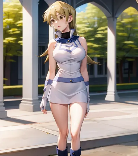 tenjouin asuka,1girl,solo,blonde hair, long hair, brown eyes,large breasts,obuniform,sleeveless, bare shoulders, elbow gloves, white gloves, fingerless gloves, white skirt, white jacket, white footwear, boots, miniskirt,standing, outdoors, indoors, <lora:TenjouinAsukaYugioh11:1>  <lora:obuniform-10:0.7>