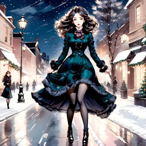 1girl, walking on winter street, windy weather, holding hair, inkpunk style, illustration, victorian winter dress, black pantyhose, front view, blush, urban, night, outdoor, christmas tree, <lora:xl_n15g_aio_clothing-2.0:1>, <lora:pantyhose_xl_v11:1>, <lora:IPXL_v8:1>