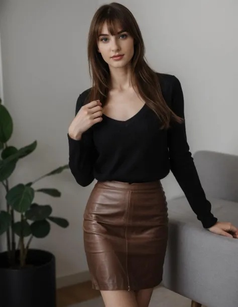 shot on ARRI ALEXA 65, bokeh, sharp focus on subject,highest details, photorealistic,
RAW photo,8k, soft lighting,eyeliner,
detailed skin,realistic,cute,european,20 years old, realistic face, looking at viewer,
(full body view),
brown ironed straight hair, bangs,
indoor,cleavage,
sexy,
(narrow waist),
leather skirt,
<lora:pantyhose_v20:0.4> wp4140, pantyhose