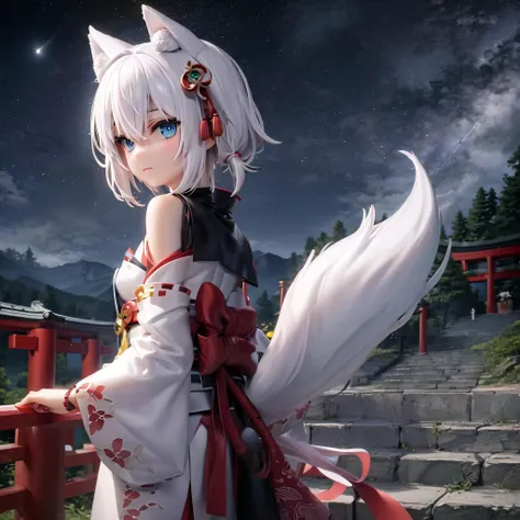 (best quality, masterpiece), 1girl, solo, (white hair), short hair, blue eyes, white fox fluffy ears, white fluffy fox tail, stone stairs to the mountains, torii, japan, forest, looking at viewer, back, going up the stairs, miko clothing, lanterns, night, mystic, misty forest, fog, high detailed, outdoors, atmospheric, hannya, closed mouth, japan demon mask, under night sky, stars