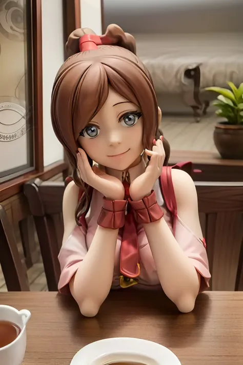 at a tea shop, adult woman, pvc figure, sitting, drinking tea, pov, talking, looking at viewer, happy, <lora:Tylee:1> tylee,  <lora:add_detail:1>, ((masterpiece)), (best quality), 8k, ultra-detailed, absurdress