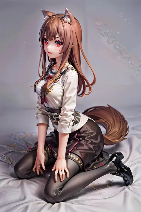 masterpiece, best quality, high detail, light and dark interlaced, full body, 
wolf girl,  brown hair,  red eyes,  traditional dress,  <lora:holoSpiceAndWolf_v2:0.6>
grey background,