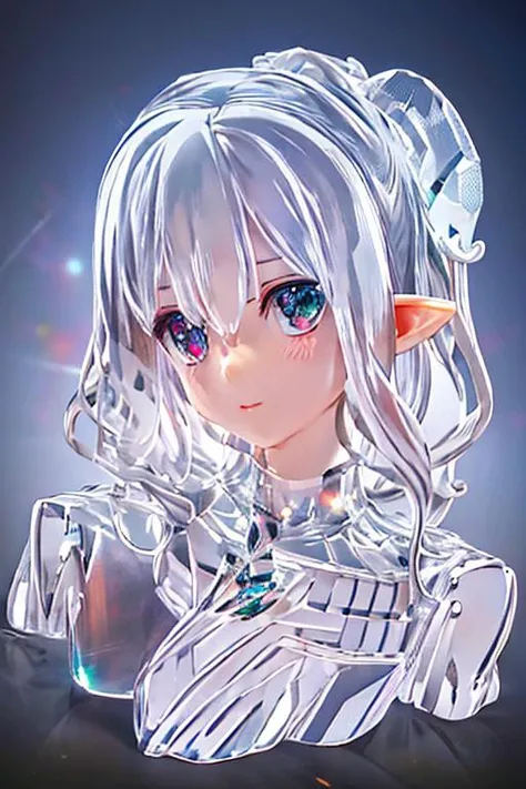 (best quality:1.2) (4k:1.) (very high resolution:1.1) , (realistic photograph:1.1) , (ultra detailed CG:1.1) , official concept art ,
sculpture made of crystal , statue , no human , 1girl elf , solo , (detailed face:1) , (small breasts:1) , (short wavy hair:1) , upper body , transparent body ,
<lora:crystal_v1:1> (phcrystal:1) , colorful crystal , gems , <lora:glasssculpture_v8:.8> (glasssculpture:.95) , translucent , transparent ,reflection ,
RTX , lay tracing , particles