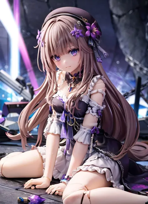 dutch angle, big diamond,
1girl, looking at viewer, menacing look, smug,
wariza, sitting, sweat.
pikkyherta, 1girl, long hair, purple (glowing:1.2) eyes, solo, hat, dress, bangs, looking at viewer, flower, doll joints, brown hair, hair ornament, black headwear, hair flower, chains, frills,
glowing background, diamond, crystals, dungeon, underground chasm, shining,
<lora:hertaStarRailV1:1>  <lora:add_detail:0.3>