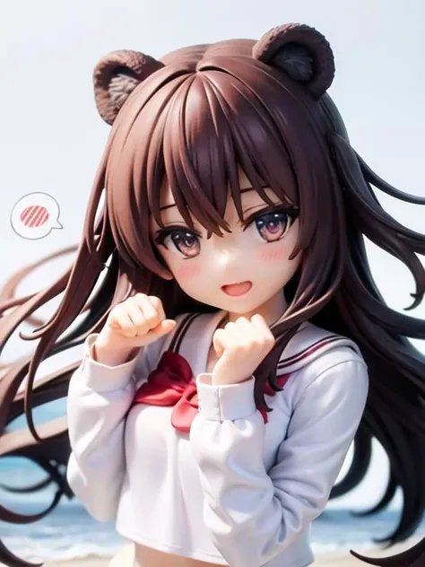 1girl, animal_ear_fluff, animal_ears, bangs, blue_bow, blush, bow, bowtie, brown_hair, bear_ears, hair_between_eyes, hair_bow, hands_up, long_hair, long_sleeves, open_mouth, paw_pose, red_bow, sailor_collar, school_uniform, serafuku, shirt, simple_background, smile, solo, spoken_squiggle, squiggle, upper_body, white_background, white_shirt, a girl floating on ocean,looking at view
