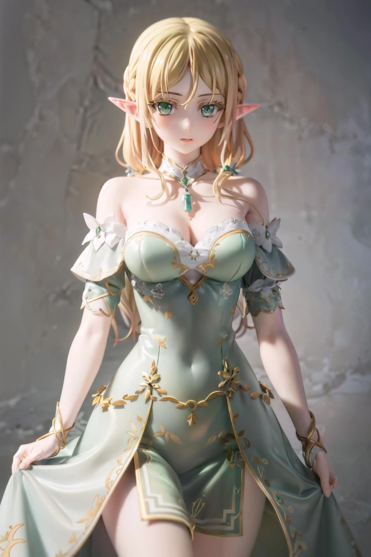 masterpiece, best quality, high detail, light and dark interlaced, cowboy shot, unity
mature female, elf, platinum blonde hair,long hair, green dress, <lora:suiIsekaiOjisan_suiIsekaiOjisan:0.6>,(sui\(xiannv\):1.2),
grey background,