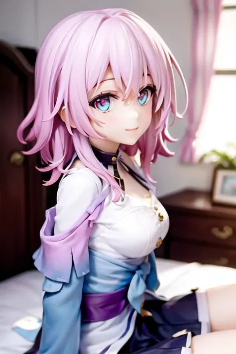 <lora:7thMarchHSRv2:0.7>,1girl,solo, pink hair, medium hair, blue eyes with pink gradient, smile, looking at viewer, bedroom,