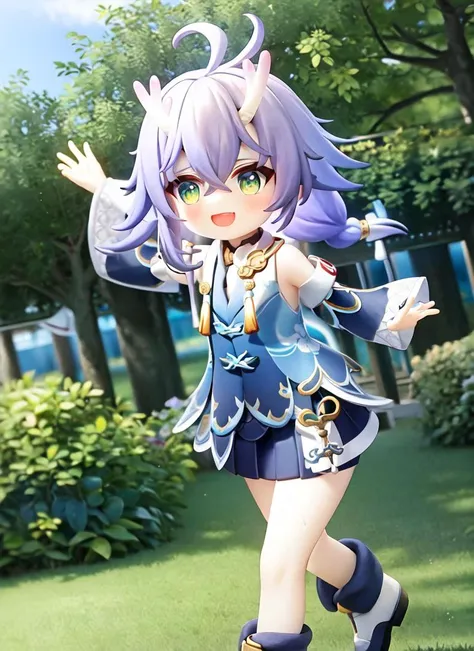 small girl, dancing, dynamic pose, dynamic angle
bailu \(Honkai Star Rail\), woolen skirt, solo, smile, purple hair, plaits, open mouth, long hair, green eyes, dragon horns, detached sleeves, cute, clothes, braids, yellow tassels, blue and white clothes, black skirt, bare legs, water, detail, short boots, masterpiece, best quality, <lora:BailuHonkaiStarRail_v10:1>
in the garden, nature, trees, forest, sunshine