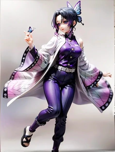 full body, kochou shinobu, multicolored hair, no bangs, hair intakes, purple eyes, forehead, black shirt, black pants, haori, butterfly, buttons, belt, <lora:Kochou_Shinobu:0.9>, (masterpiece, best quality, high quality, absurdres, ultra-detailed),