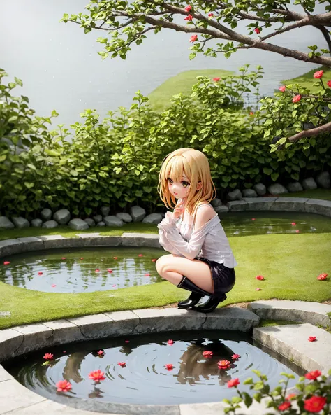 A girl, lovely, squat, observation, spring, light rain, outdoor, small pond, petals falling, green plants