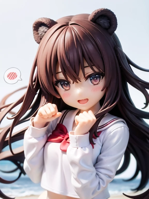 1girl, animal_ear_fluff, animal_ears, bangs, blue_bow, blush, bow, bowtie, brown_hair, bear_ears, hair_between_eyes, hair_bow, hands_up, long_hair, long_sleeves, open_mouth, paw_pose, red_bow, sailor_collar, school_uniform, serafuku, shirt, simple_background, smile, solo, spoken_squiggle, squiggle, upper_body, white_background, white_shirt, a girl floating on ocean,looking at view