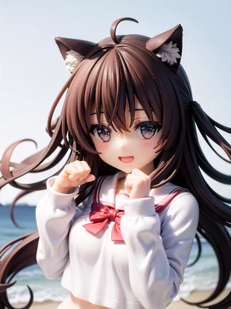 1girl, animal_ear_fluff, animal_ears, bangs, blue_bow, blush, bow, bowtie, brown_hair, cat_ears, hair_between_eyes, hair_bow, hands_up, long_hair, long_sleeves, open_mouth, paw_pose, red_bow, sailor_collar, school_uniform, serafuku, shirt, simple_background, smile, solo, spoken_squiggle, squiggle, upper_body, white_background, white_shirt, a girl floating  on ocean,looking at view