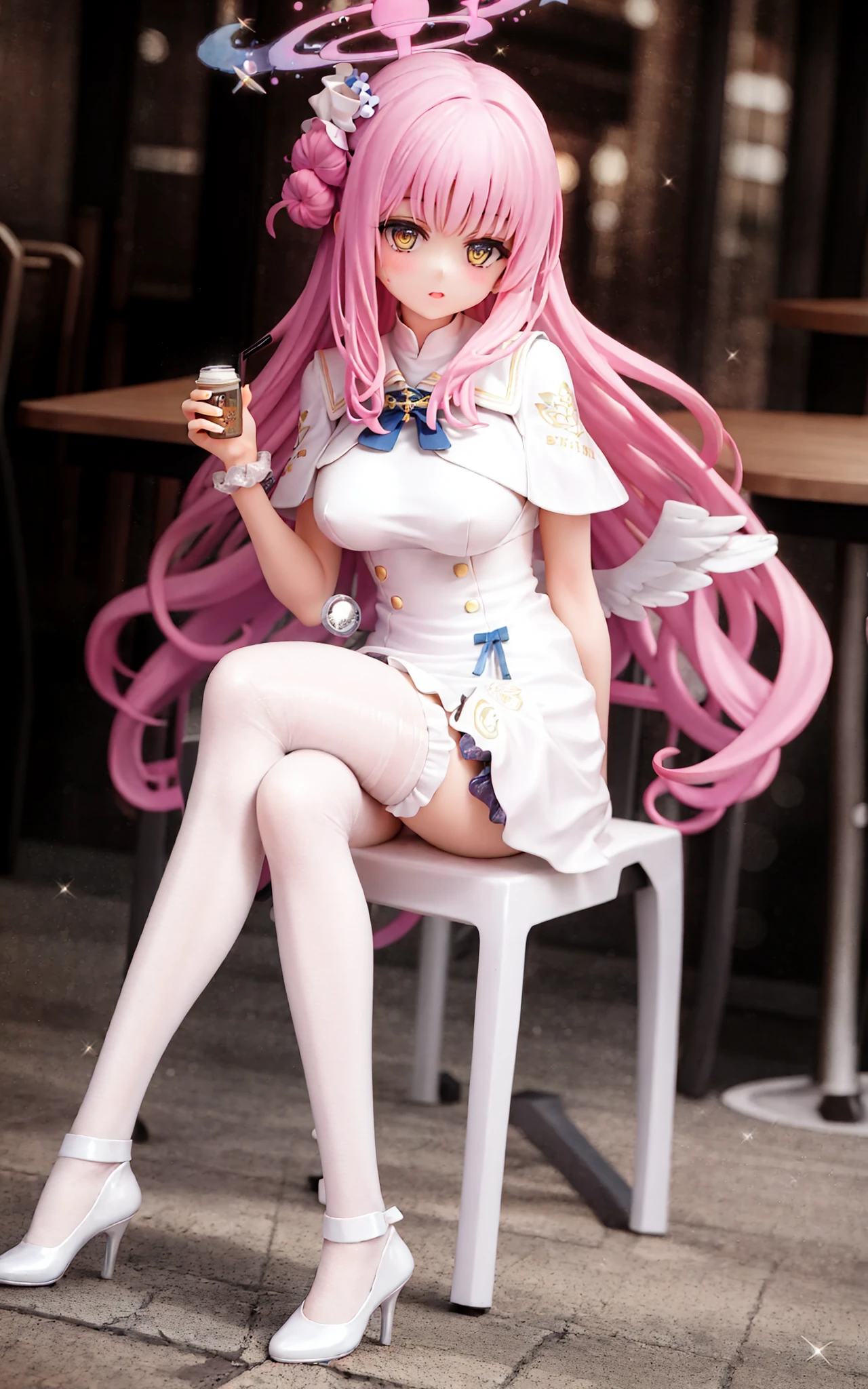 solo,1girl, bangs, breasts,jewelry, long_hair, necklace, ribbon,<lora:misono_mika:1>,pink hair, white dress, angel wings, neon lights,street, day,chair,sitting,cafe,sparkle,white legwear,pantyshot,legs,feet,