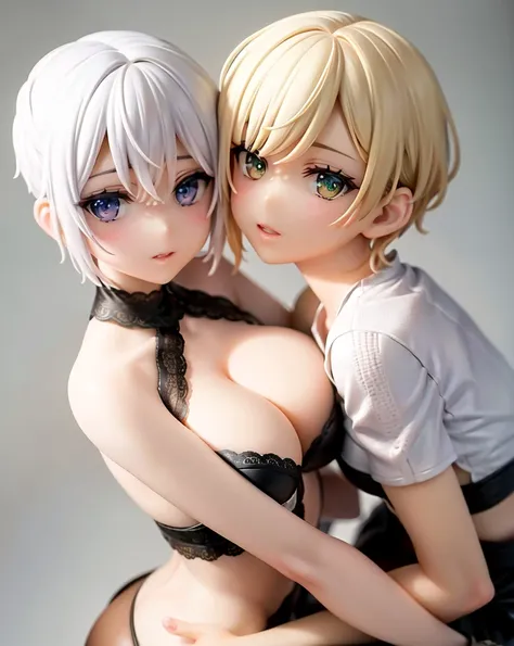 2girls hugging each other, ((RAW, full body portrait, straight on, standing)), extremely detailed color photo of a 30 y.o white American girl, ((short blonde hair)), cute face, big nose, extra small eyes, green irises, big natural lips, slim body ((film grain, skin details, high detailed skin texture, 8k hdr, dslr)), irregular shadows, soft lighting, eyebrows raised,