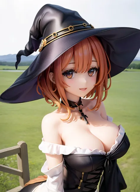 (masterpiece:1.2), (best quality:1.2), (ultra-detailed), (high quality:1.3), (high resolution), (Masterpiece:1.2), best quality, (delicate details:1.5, anime style, beautiful_detailed_face, breast, 1girl, beautiful_detailed_eyes, standing, pale skin, lovely short ginger red hair, absurdly short hair,off shoulder, (off the shoulder:1.3), black eyes,(witch:1.4), looking at viewer, light smile, outdoor,(ahegao:0.3),