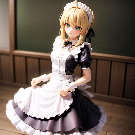 figure, blurry_background, 1girl, apron, artoria_pendragon_\(fate\), blonde_hair, enmaided, frilled_apron, holding, maid, maid_headdress, official_alternate_costume, ribbon, saber_alter, short_sleeves, skirt, solo, waist_apron, white_apron, wrist_cuffs, green_eyes,