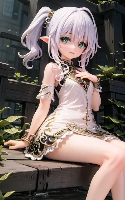 1 girl, solo, highres,  masterpiece,best quality, extremely detailed, perfect lighting, light tracing, detailed beautiful face, see-through, elf ears, white dress, <lora:TheOriginalGodNasida_:0.9>,nightgown, gold leg ring, grass,look at viewer, extremely delicate and beautiful, depth of field,amazing,masterpiece,growth,visual impact, ultra-detailed, highly, Amazing finely detail,shiny, (fine and beautiful detailed skin:1.2),(Oil highlights:1.4)[wet with oil:0.6],(shiny skin:1.4), gorgeous,fantasism,nature,refined rendering,original,contour deepening,high-key and low-variance brightness scale, soft light,light and dark interlaced hair,full body, sitting, crossed legs, (closed mouth:1.2), smiley face, big eyes, feet, right hand on own chest, side ponytail, green highlight,