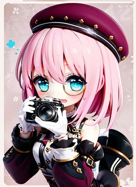 1girl, bare_shoulders, beret, blush, camera, detached_sleeves, gloves, hat, holding, holding_camera, long_sleeves, looking_at_viewer, medium_hair, monocle, open_mouth, pink_hair, pink_headwear, ribbon, steampunk, white_gloves
chibi,
<lora:charlotte_v1:1:OUTALL> <lora:pikiruchibi_finetune:0.3>
