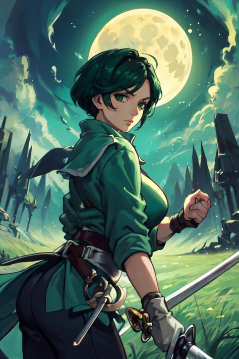 (masterpiece, best quality, ultra detailed, beautiful illustration), atmospheric perspective, depth of field, beautiful detailed eyes, anime eyes:1.4, looking at the viewer, (cowboy shot), fighting stance, dynamic angle, (outdoors, grasslands, night, giant moon), 1girl, frown, mature woman, curvy, (gigantic breasts), <lora:Queen:1:lbw=OUTALL>, short hair, black hair, green shirt, black pants, gloves, boots, (rapier:1.5, ornate rapier:1.5), (spellcasting:1.6, casting magic:1.6, wind magic:1.6, wind effects:1.6, green effects:1.6, particles:1.6), <lora:lihui4JXK-b2-bf16-128-128-1-re1-ep3-768-DA-5015fix:0.4>