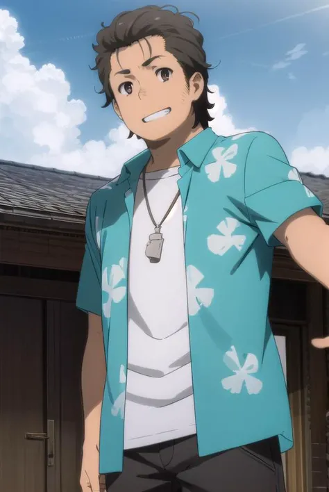 tetsudouhisakawa, <lora:tetsudou hisakawa s1-lora-nochekaiser:1>,
tetsudou hisakawa, black hair, (brown eyes:1.5), male focus, smile, grin,
BREAK shirt, open clothes, pants, necklace, sandals, hawaiian shirt,
BREAK outdoors, house, fields, grass, sky, sun, clouds,
BREAK looking at viewer, (cowboy shot:1.5),
BREAK <lyco:GoodHands-beta2:1>, (masterpiece:1.2), best quality, high resolution, unity 8k wallpaper, (illustration:0.8), (beautiful detailed eyes:1.6), extremely detailed face, perfect lighting, extremely detailed CG, (perfect hands, perfect anatomy),