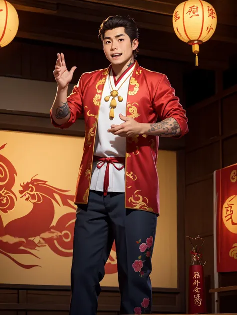 looking at viewer,  Amidst the Chinese New Year festivities of the Dragon, a (handsome young man:1.1)( dons traditional attire:1.5). His clothing reveals chiseled muscles and tattoos, with a red shirt featuring golden dragon embroidery and snug, red trousers adorned with fireworks motifs. Completing the look are golden shoes.
 he stands against a backdrop of gleaming red and gold lanterns on a stage filled with music and firecrackers. The man's tattoos, depicting dragons and Chinese symbols, underscore his cultural connection. With a radiant smile, he extends blessings for the year ahead, encapsulating the spirit of joy and community celebration. His masculine, youthful, and tender features exude warmth and charm, adding to the festive atmosphere of the occasion, 
 <lora:GoodHands-beta2:0.8>, dynamic pose, 
 <lora:tetsudou hisakawa s1-lora-nochekaiser:0.8> tetsudou hisakawa, black hair, (brown eyes:1.5), male focus,, masterpiece, 4k, high quality, highres, absurdres,