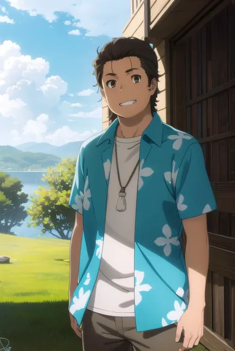 tetsudouhisakawa, <lora:tetsudou hisakawa s1-lora-nochekaiser:1>,
tetsudou hisakawa, black hair, (brown eyes:1.5), male focus, smile, grin,
BREAK shirt, open clothes, pants, necklace, sandals, hawaiian shirt,
BREAK outdoors, house, fields, grass, sky, sun, clouds,
BREAK looking at viewer, (cowboy shot:1.5),
BREAK <lyco:GoodHands-beta2:1>, (masterpiece:1.2), best quality, high resolution, unity 8k wallpaper, (illustration:0.8), (beautiful detailed eyes:1.6), extremely detailed face, perfect lighting, extremely detailed CG, (perfect hands, perfect anatomy),