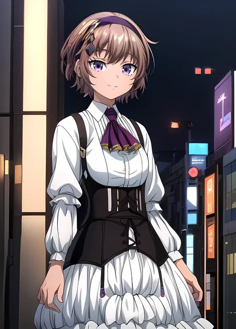 ((masterpiece)), (best quality), (official art, extremely detailed CG unity 8k wallpaper, highly detailed, shiny skin, vivid color), <lora:add_detail_doppelpunkt_1_0:0.4>, <lora:Kazuki:0.8>, Kazuki, elegant outfit, short brown hair, purple eyes:1, hairband with pendant:1, white dress, short tie, small breasts, black corset with suspenders, (full body:0.6), (city background:1.2),