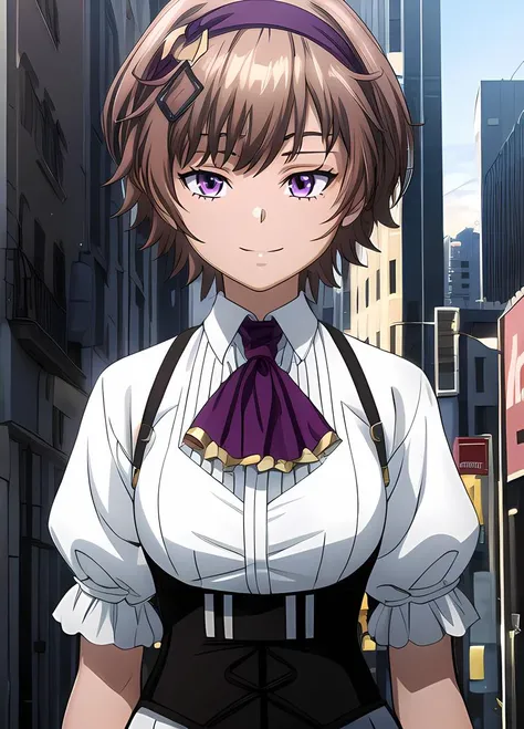 ((masterpiece)), (best quality), (official art, extremely detailed CG unity 8k wallpaper, highly detailed, shiny skin, vivid color), <lora:add_detail_doppelpunkt_1_0:0.4>, <lora:Kazuki:0.8>, Kazuki, elegant outfit, short brown hair, purple eyes:1, hairband with pendant:1, white dress, short tie, small breasts, black corset with suspenders, (face shot:0.6), (full body:0.6), (city background:1.2),