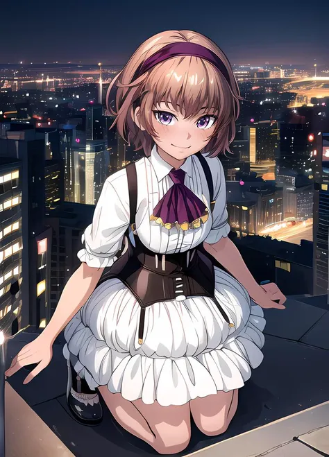 ((masterpiece)), (best quality), (official art, extremely detailed CG unity 8k wallpaper, highly detailed, shiny skin, vivid color), <lora:add_detail_doppelpunkt_1_0:0.4>, <lora:Kazuki:0.8>, Kazuki, elegant outfit:1, short brown hair, purple eyes:1, hairband with pendant:1, white dress, short tie, small breasts, black corset with suspenders, kneeling, blush, from above, (full body:0.6), (city background:1.2)