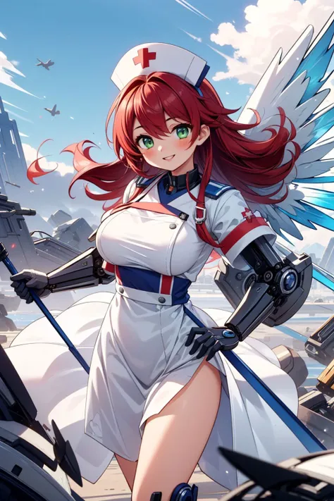 (Masterpiece:1.3), (best quality:1.2), <lora:battle angel_chatgpt2023126:0.6>, 1girl, (battle angel:1.2), (mechanical wings:1.1), android, (mecha girl:1.2), soft lips, (nurse uniform:1.2), long dress, (long red hair:1.2), green eyes, (wide smile:1.3), blush, (sexy:1.1), huge breasts, high contrast,