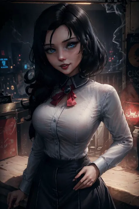 highres, masterpiece, perfect ligthing, bloom, night, cinematic lighting, adult, perfect skin, female, looking at viewer, portrait, upper body, (RSEEmma:0.5), <lora:MISC-GlossyFace:0.3> blue eyes, smile, sexy, :d, sensual, <lora:CHAR-Elizabeth:0.8>, Elizabeth, dlcoutfit, woman, white shirt, ((white collared shirt)), (Black skirt:1.2), red belt, (red necklace), shoulder length black hair, blue eyes, vintage, night, (bioshock:0.8), smoking, cigarette, noire