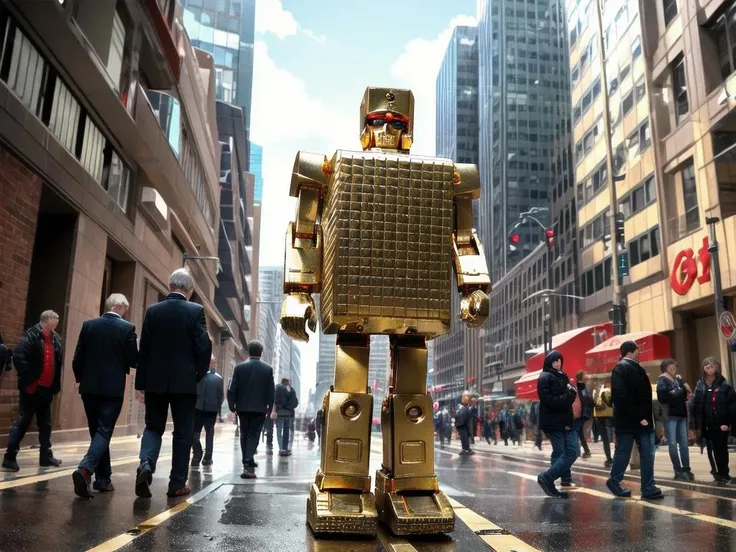 masterpiece,
<lora:GOLD LIGHTAN:0.7>GOLD LIGHTAN, robot,
in city,group picture,