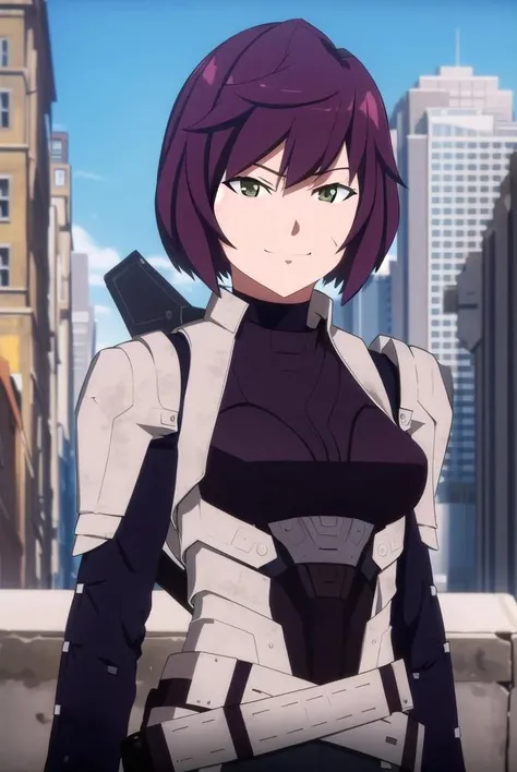 masterpiece, best quality, meipacrim, 1girl, body armor, upper body, outdoors, city, street, building, blue sky, cloud, smirk, closed mouth, solo, highres, <lora:meipacrim-10 3:0.85>