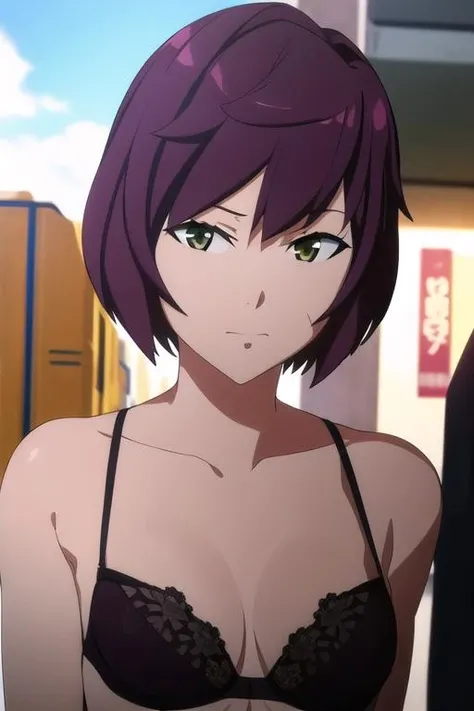 masterpiece, best quality, meipacrim, 1girl, ((bikini)), medium breasts, ((breast focus)), upper body, annoyed, closed mouth, outdoors, desert, solo, highres, <lora:meipacrim-10 3:0.9>